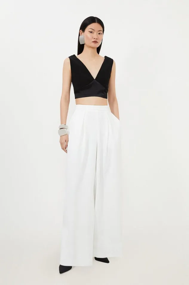 Trousers Women Karen Millen Tailored Premium Crepe Pleat Detail Wide Leg Trousers Ivory Trousers Women Karen Millen Tailored Premium Crepe Pleat Detail Wide Leg Trousers Ivory
