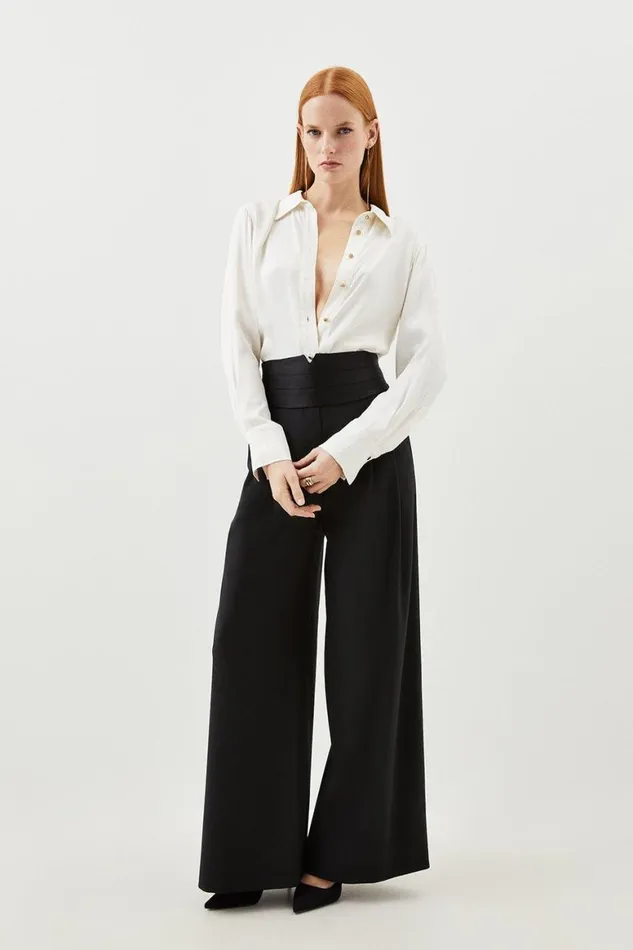 Trousers Women Karen Millen Wool Blend Waistband Detail Wide Leg Tailored Trouser Black Trousers Women Karen Millen Wool Blend Waistband Detail Wide Leg Tailored Trouser Black