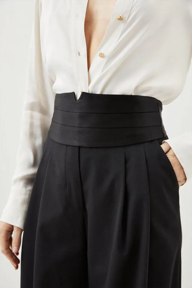 Trousers Women Karen Millen Wool Blend Waistband Detail Wide Leg Tailored Trouser Black