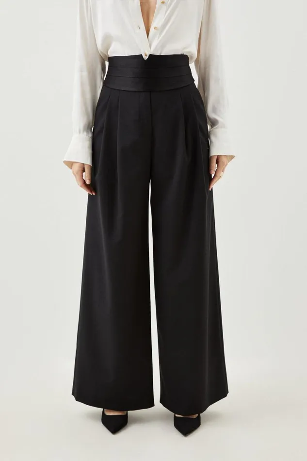 Trousers Women Karen Millen Wool Blend Waistband Detail Wide Leg Tailored Trouser Black