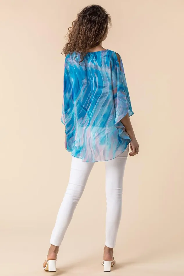 Turquoise Abstract Print Chiffon Top Women Roman Tops