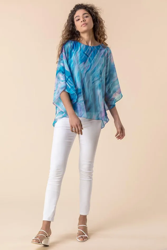 Turquoise Abstract Print Chiffon Top Women Roman Tops