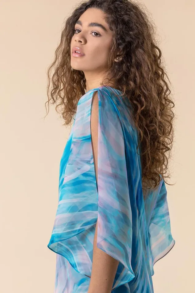 Turquoise Abstract Print Chiffon Top Women Roman Tops