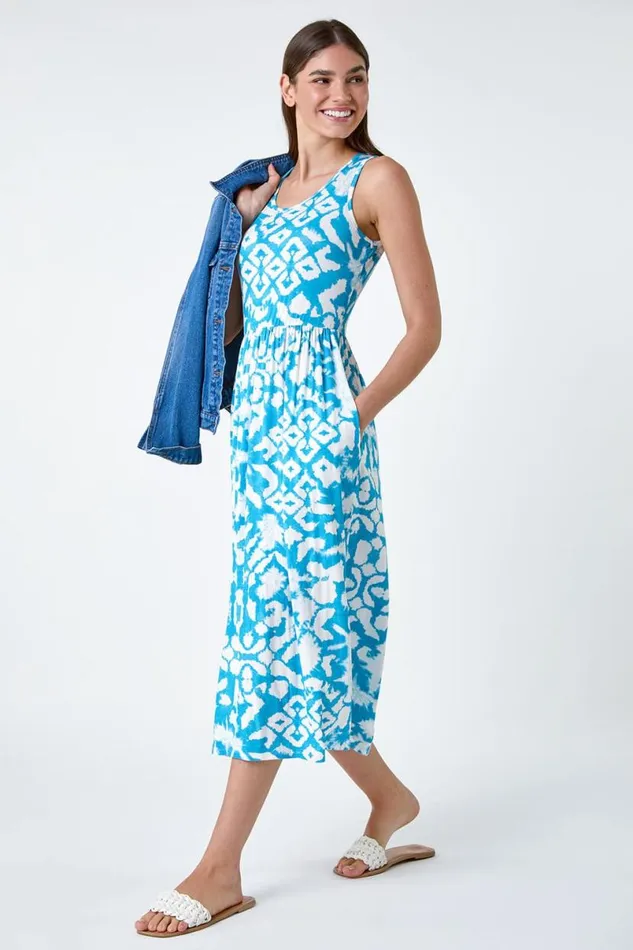 Turquoise Batik Print Stretch Jersey Pocket Dress Women Roman Dresses