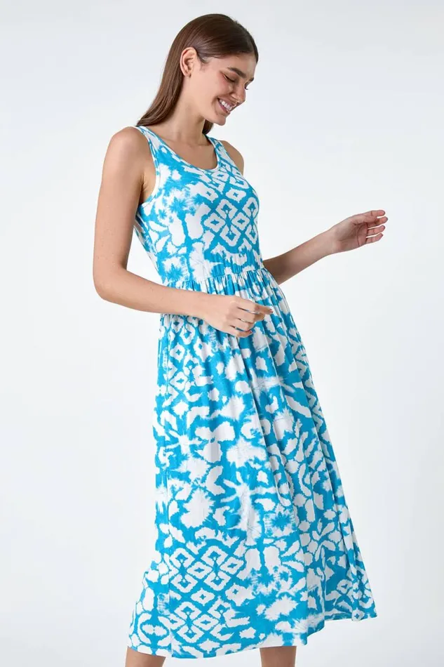 Turquoise Batik Print Stretch Jersey Pocket Dress Women Roman Dresses
