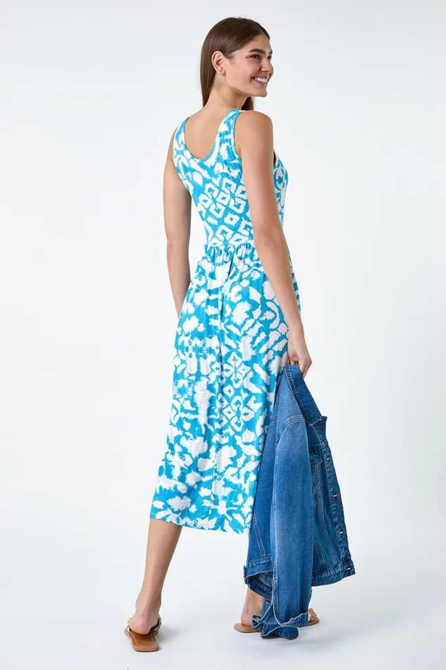 Turquoise Batik Print Stretch Jersey Pocket Dress Women Roman Dresses
