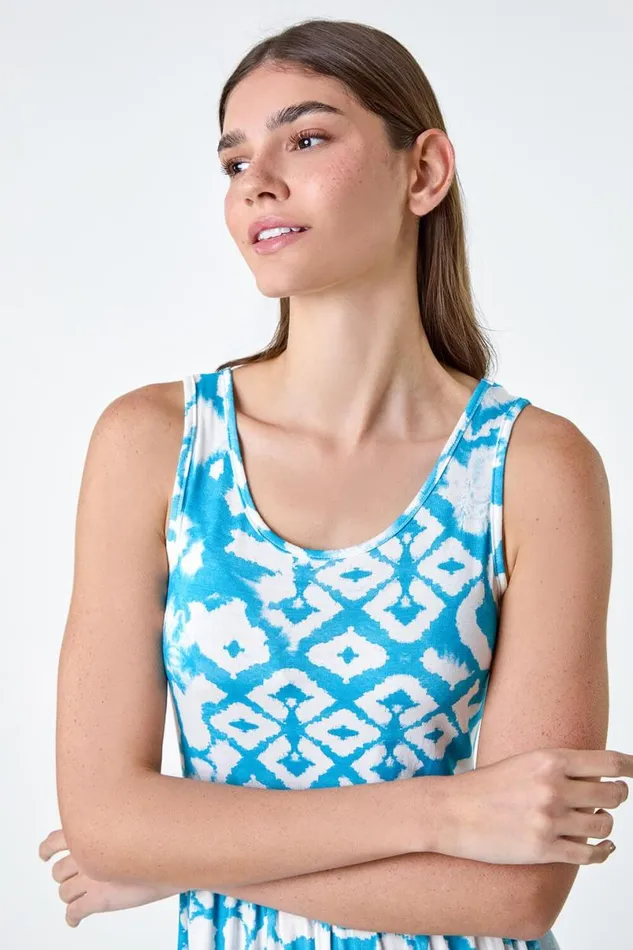 Turquoise Batik Print Stretch Jersey Pocket Dress Women Roman Dresses