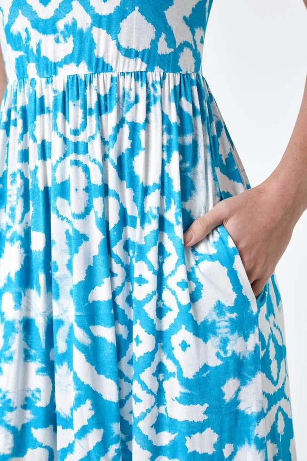 Turquoise Batik Print Stretch Jersey Pocket Dress Women Roman Dresses