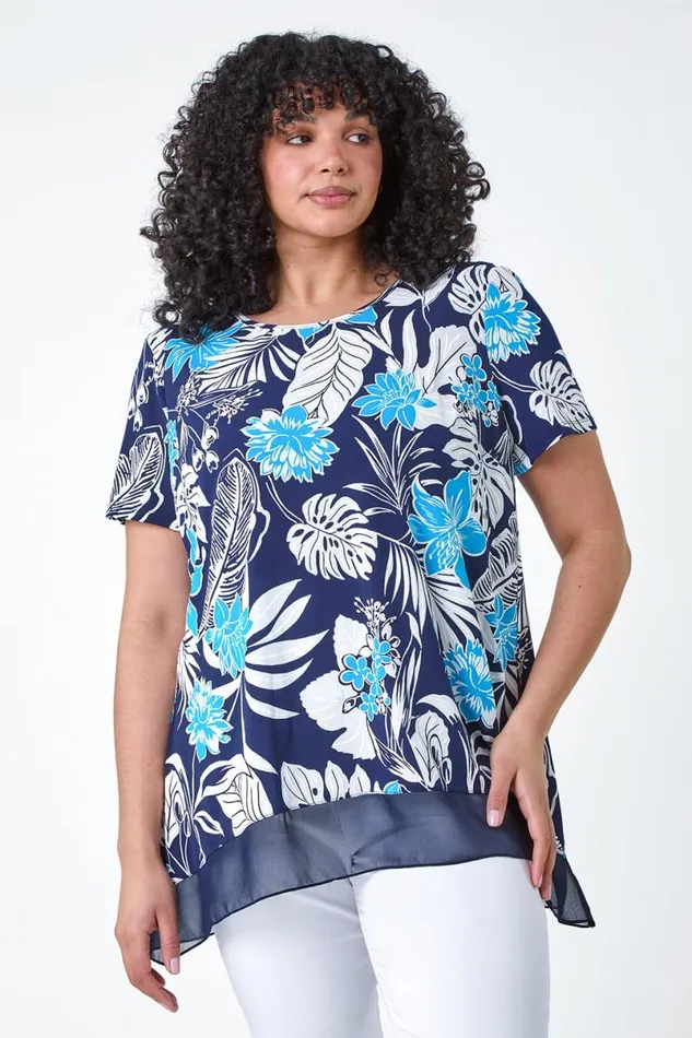 Turquoise Curve Floral Print Chiffon Hem Top Women Roman Tops