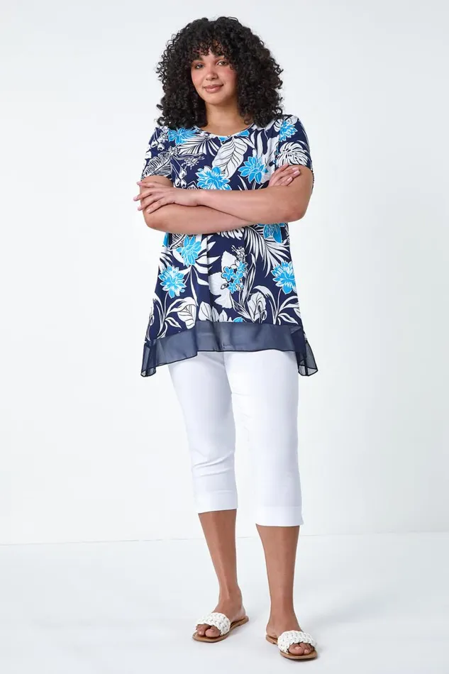 Turquoise Curve Floral Print Chiffon Hem Top Women Roman Tops