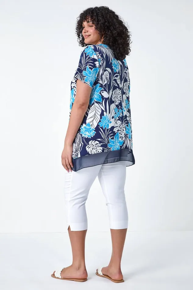 Turquoise Curve Floral Print Chiffon Hem Top Women Roman Tops