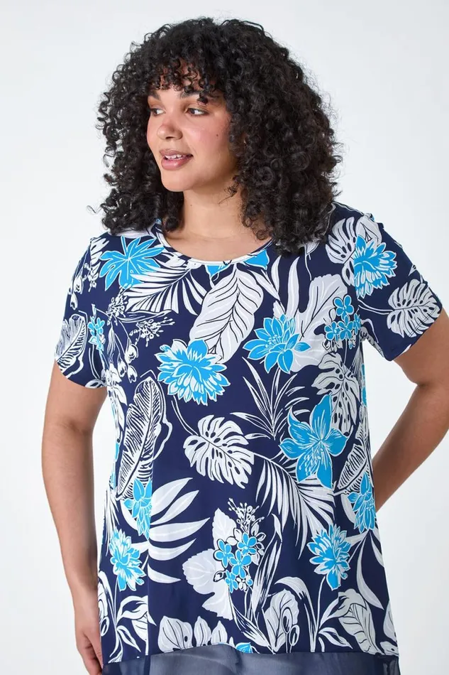 Turquoise Curve Floral Print Chiffon Hem Top Women Roman Tops