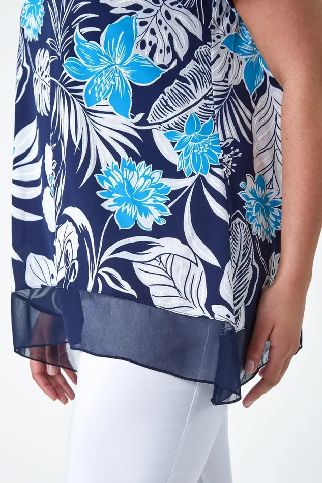 Turquoise Curve Floral Print Chiffon Hem Top Women Roman Tops