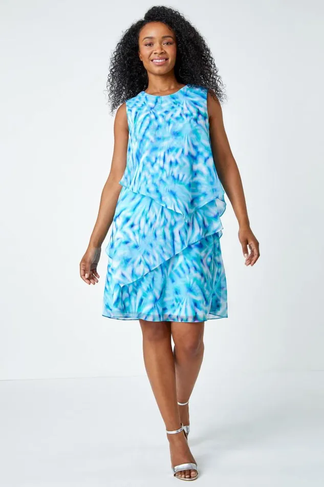Turquoise Petite Abstract Tiered Chiffon Dress Women Roman Dresses