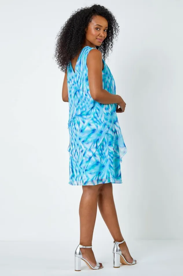 Turquoise Petite Abstract Tiered Chiffon Dress Women Roman Dresses