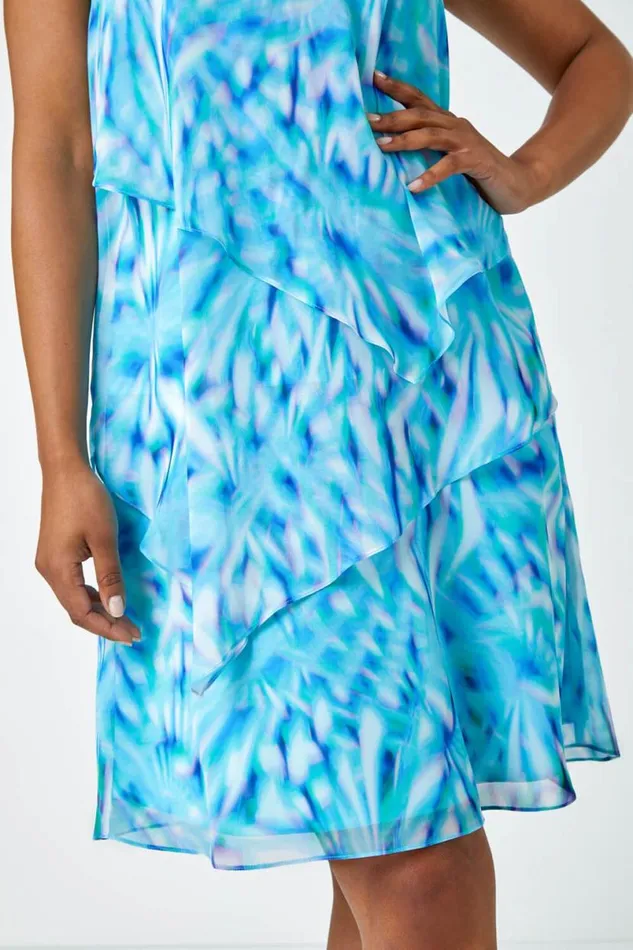 Turquoise Petite Abstract Tiered Chiffon Dress Women Roman Dresses