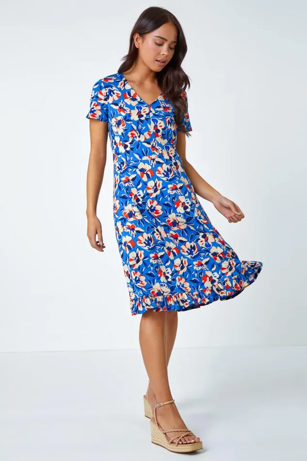 Turquoise Petite Floral Frill Hem Stretch Dress Women Roman Dresses