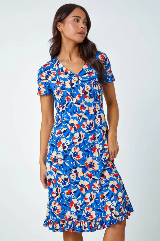 Turquoise Petite Floral Frill Hem Stretch Dress Women Roman Dresses