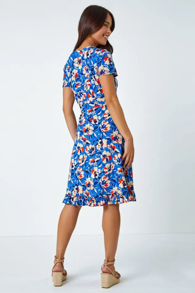 Turquoise Petite Floral Frill Hem Stretch Dress Women Roman Dresses