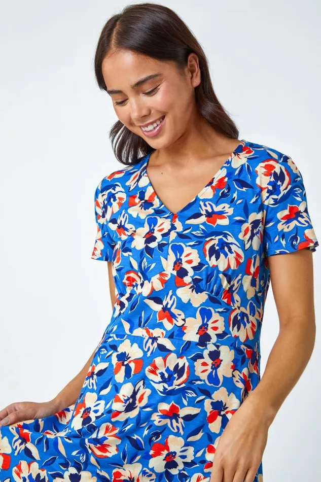 Turquoise Petite Floral Frill Hem Stretch Dress Women Roman Dresses