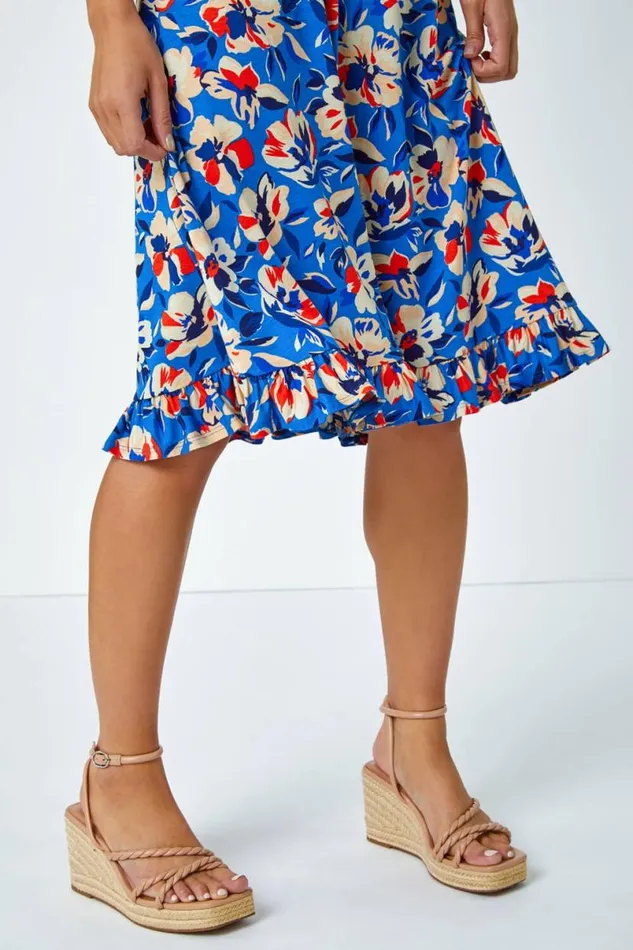 Turquoise Petite Floral Frill Hem Stretch Dress Women Roman Dresses