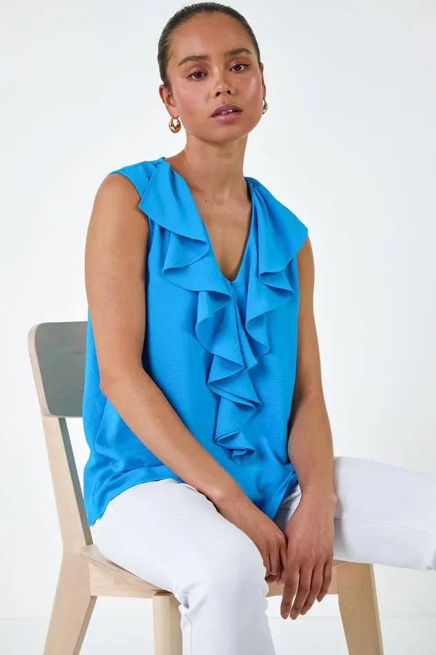 Turquoise Petite Frill Front Vest Top Women Roman Tops