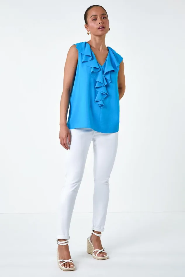 Turquoise Petite Frill Front Vest Top Women Roman Tops