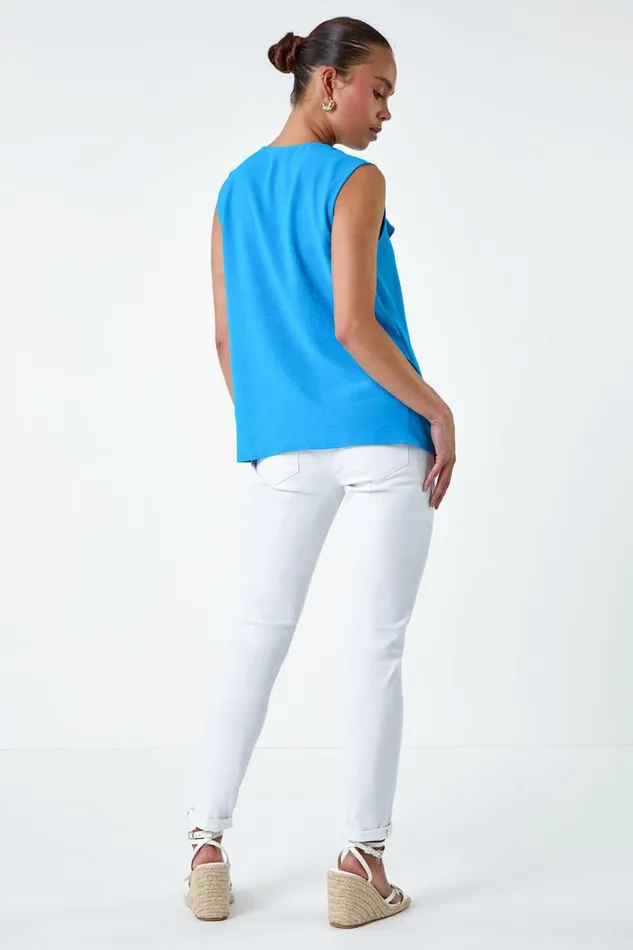 Turquoise Petite Frill Front Vest Top Women Roman Tops