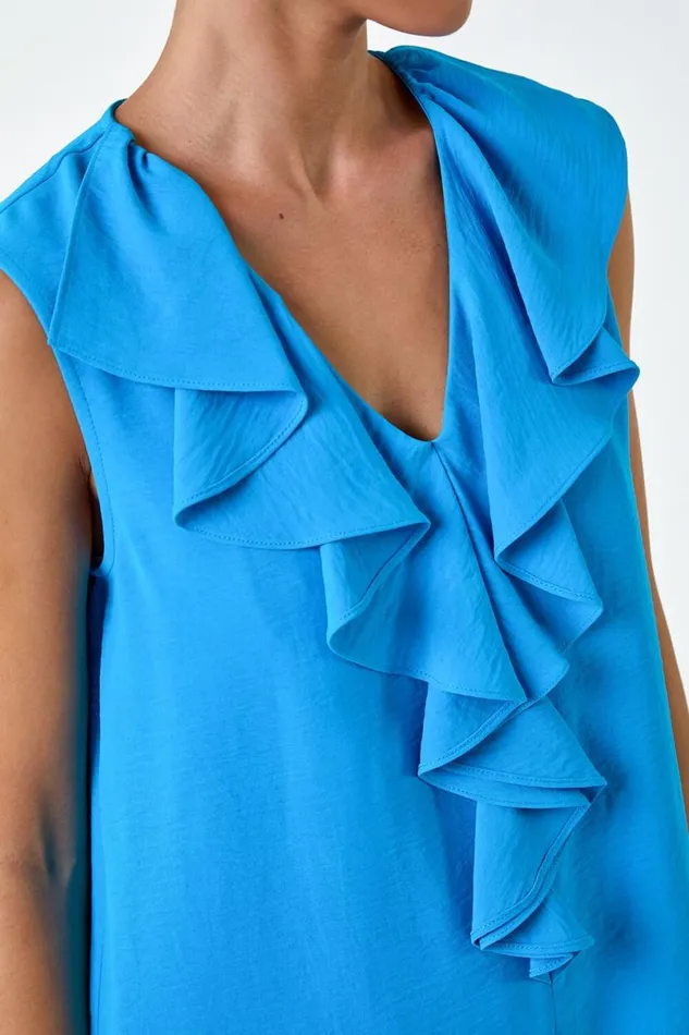 Turquoise Petite Frill Front Vest Top Women Roman Tops