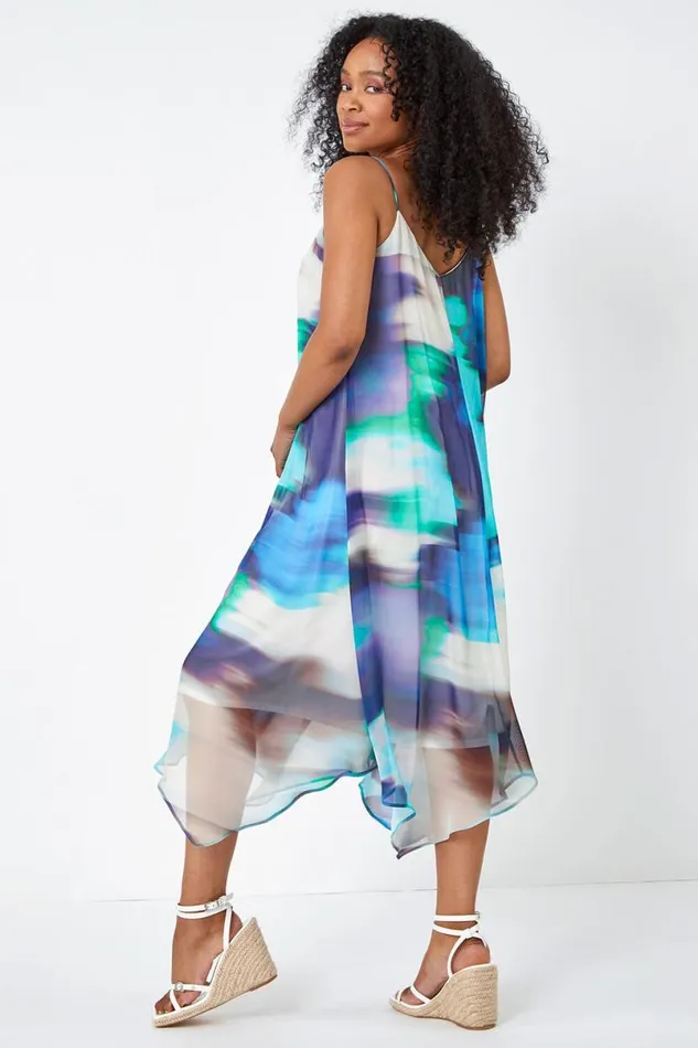 Turquoise Petite Sleeveless Tie Dye Midi Dress Women Roman Dresses