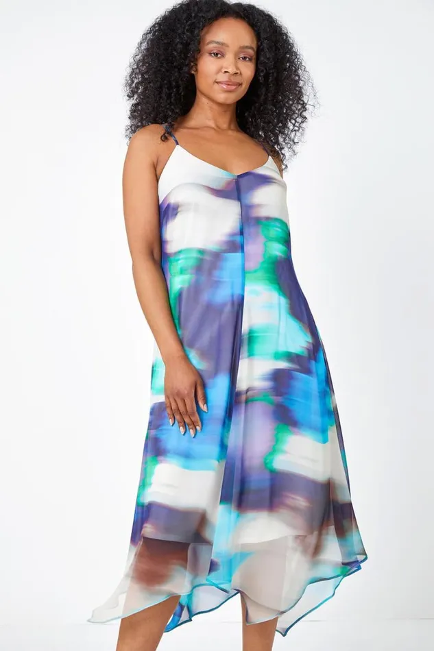 Turquoise Petite Sleeveless Tie Dye Midi Dress Women Roman Dresses