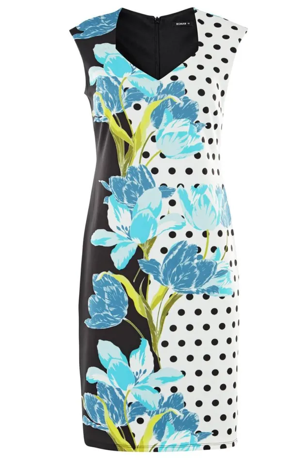 Turquoise Sweetheart Spot Floral Stretch Dress Women Roman Dresses