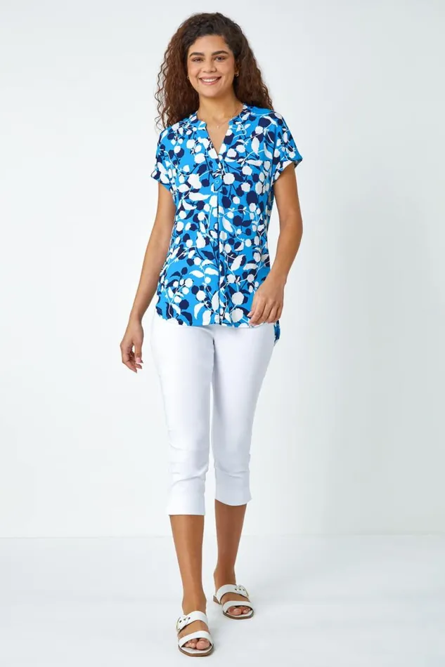 Turquoise Textured Floral Overshirt VNeck Stretch Top Women Roman Tops