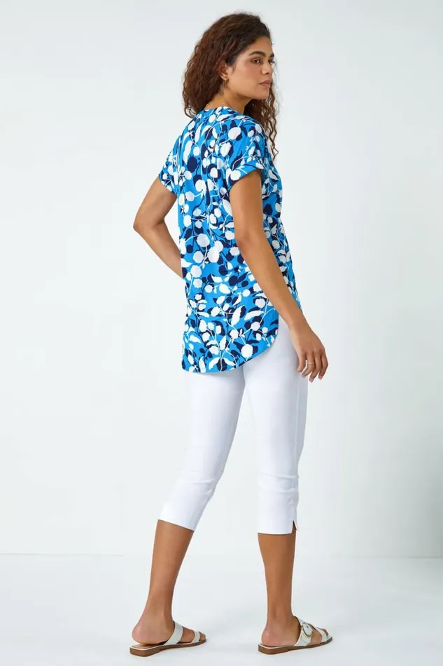 Turquoise Textured Floral Overshirt VNeck Stretch Top Women Roman Tops
