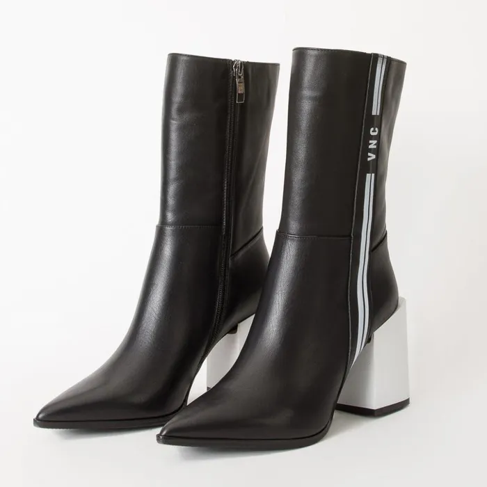 Vinci Leather Boots and Booties The Loretto Black Leather Block Heel Mid Calf Boot 8211 Women