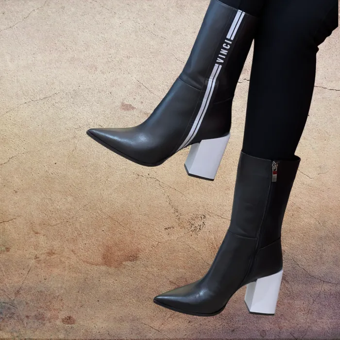 Vinci Leather Boots and Booties The Loretto Black Leather Block Heel Mid Calf Boot 8211 Women