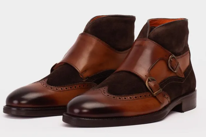 Vinci Leather Boots The Albus Tan Leather and Suede Double Strap Monk Brogue Boot 8211 Men