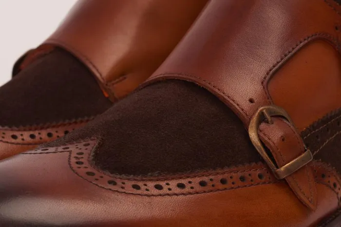 Vinci Leather Boots The Albus Tan Leather and Suede Double Strap Monk Brogue Boot 8211 Men