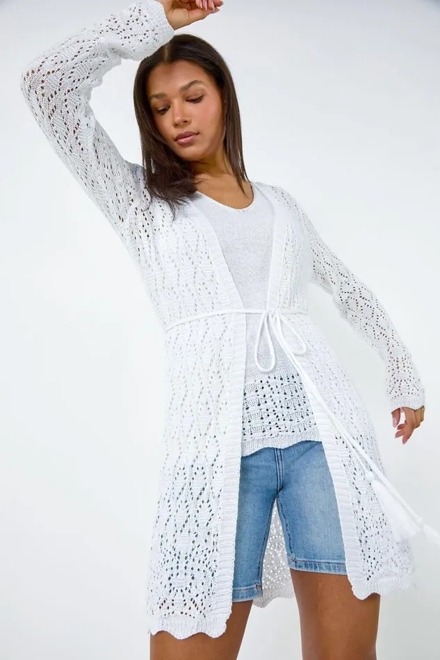 White Pointelle Knit Longline Tie Detail Cardigan Women Roman Knitwear