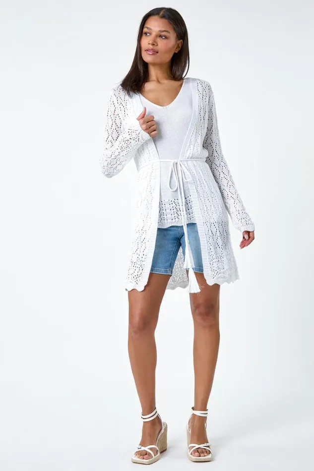 White Pointelle Knit Longline Tie Detail Cardigan Women Roman Knitwear