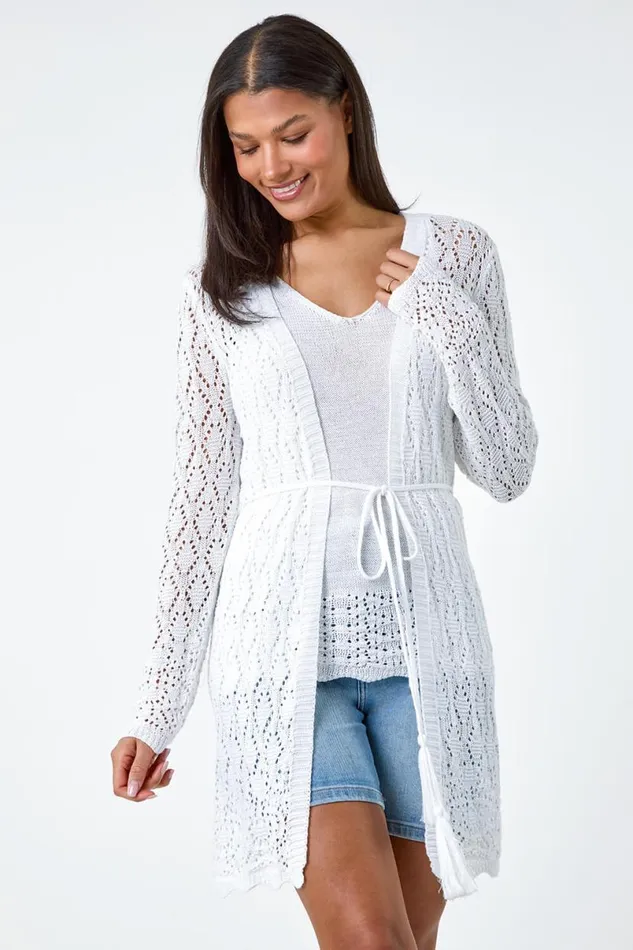 White Pointelle Knit Longline Tie Detail Cardigan Women Roman Knitwear