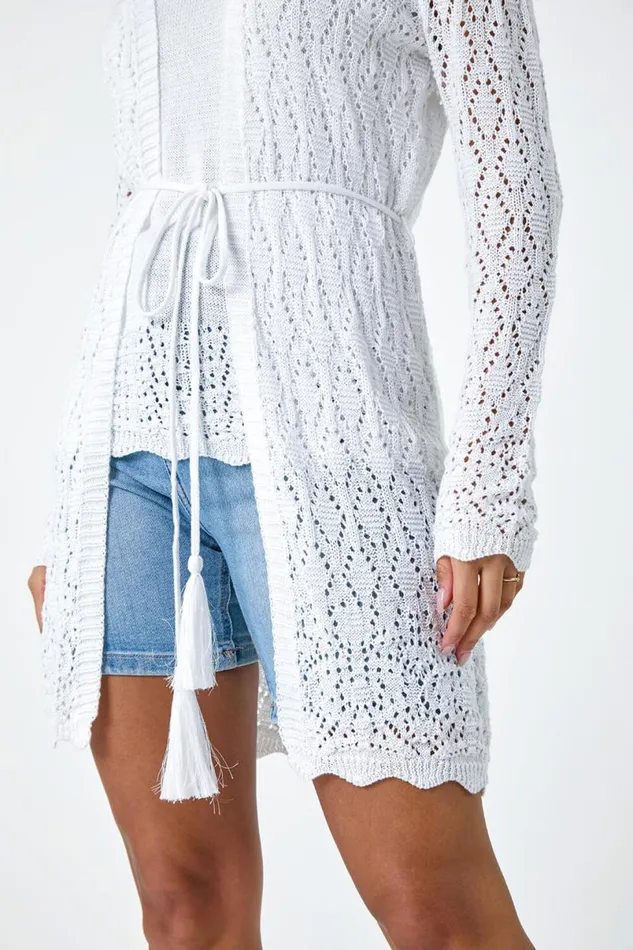 White Pointelle Knit Longline Tie Detail Cardigan Women Roman Knitwear