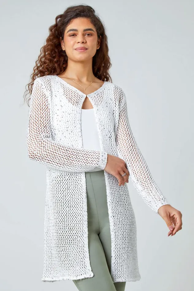 White Sequin Knit Longline Cardigan Women Roman Knitwear