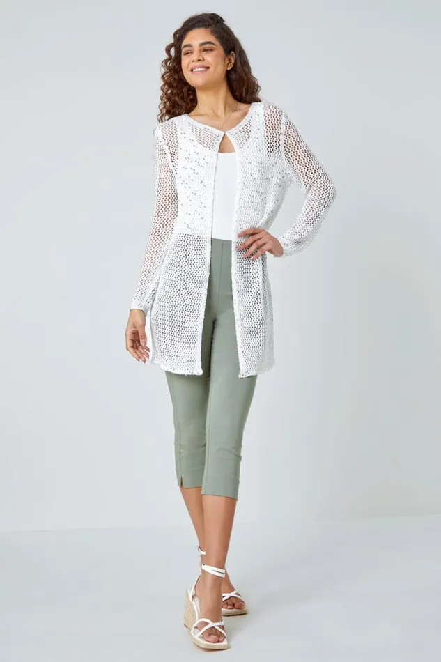 White Sequin Knit Longline Cardigan Women Roman Knitwear