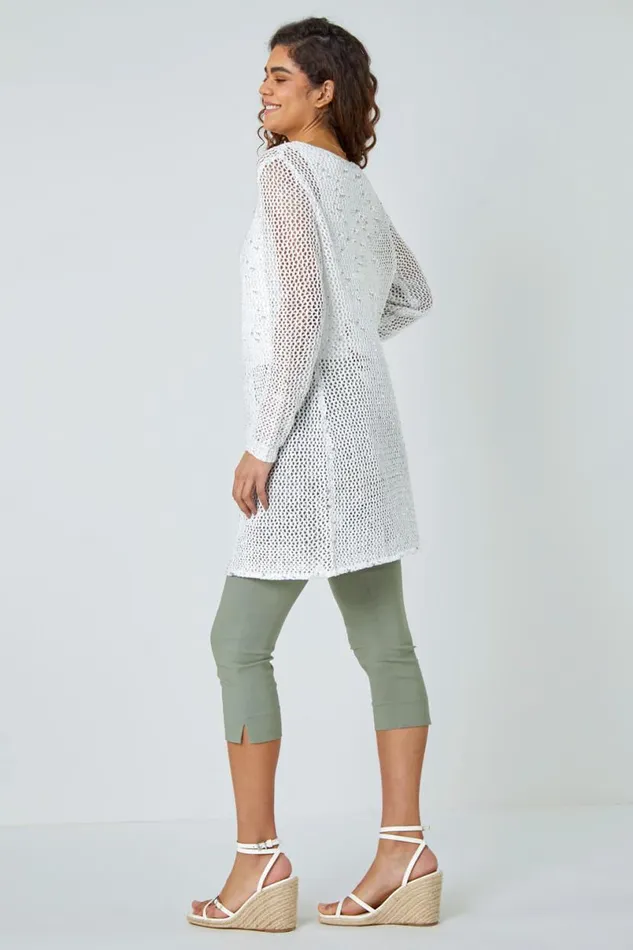 White Sequin Knit Longline Cardigan Women Roman Knitwear