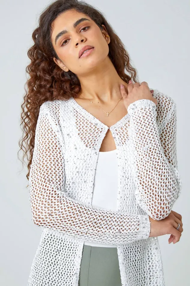 White Sequin Knit Longline Cardigan Women Roman Knitwear