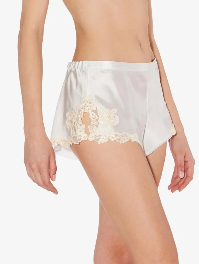 White Silk Satin Sleep Shorts With Frastaglio Sleepwear La Perla Pajamas