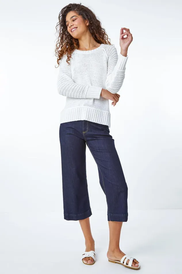 White Textured Stripe Sleeve Jumper Women Roman Knitwear