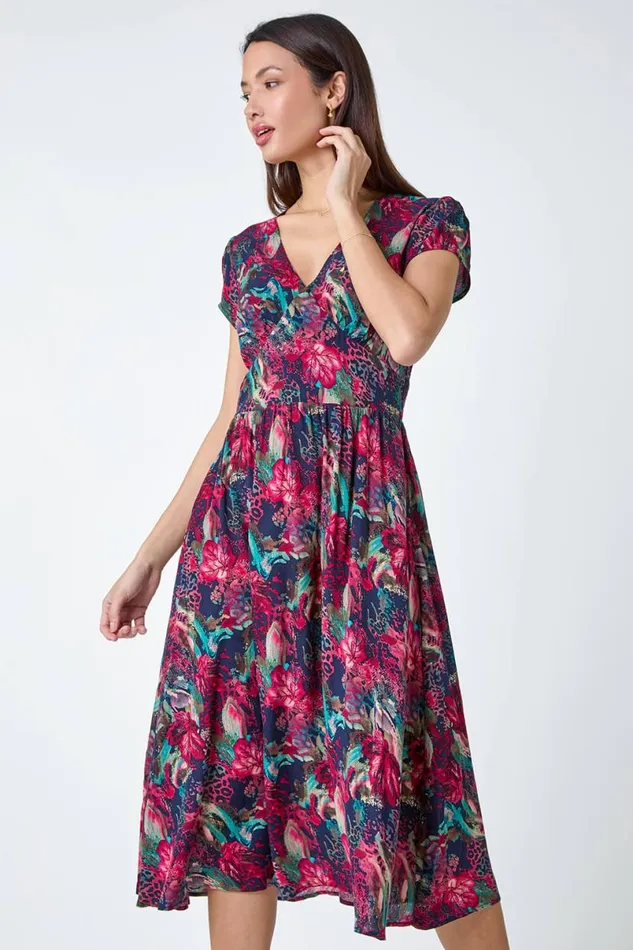 Wine Floral Print Shirred Midi Dress Women Roman Dresses