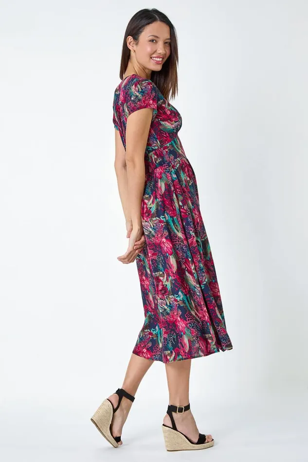Wine Floral Print Shirred Midi Dress Women Roman Dresses